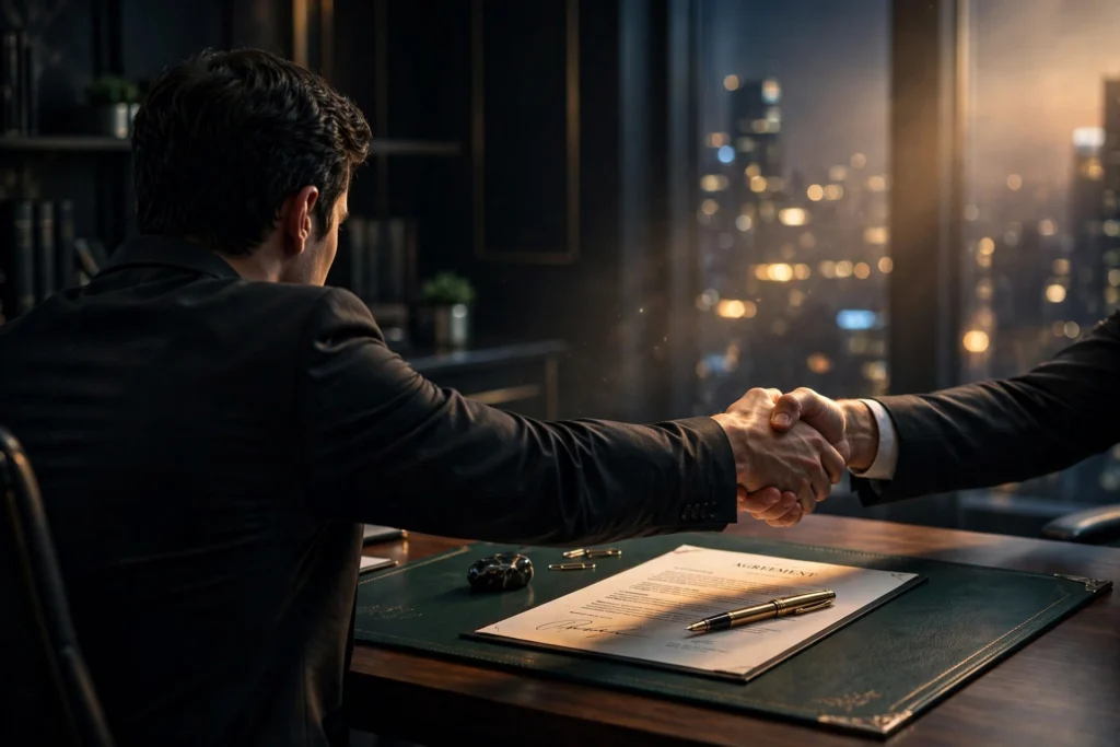 The entrepreneur sealing a handshake over a signed contract in warm golden light, symbolizing trust as the currency that turns reputation into revenue.