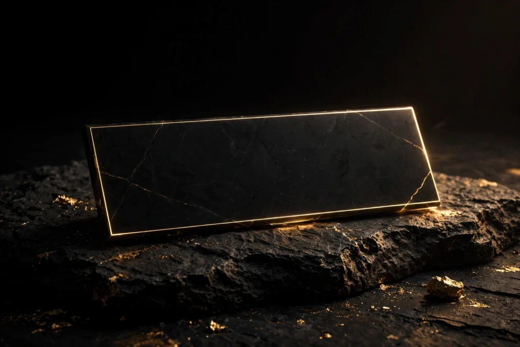 A blank black marble nameplate edged in golden light, symbolizing a reputation that opens doors