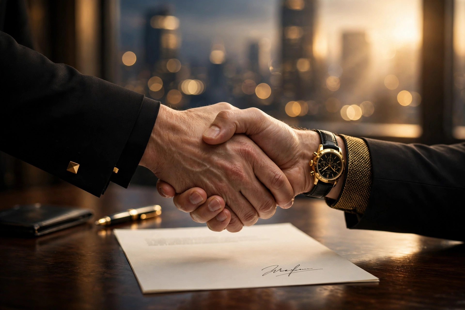 Two hands shaking over a signed contract in warm light, symbolizing how a strong reputation turns trust into wealth