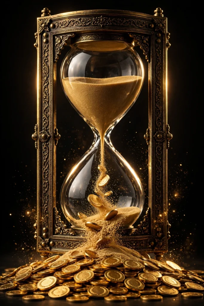 An hourglass with golden sand transforming into a growing mound of gold coins, symbolizing time patiently turning into wealth.