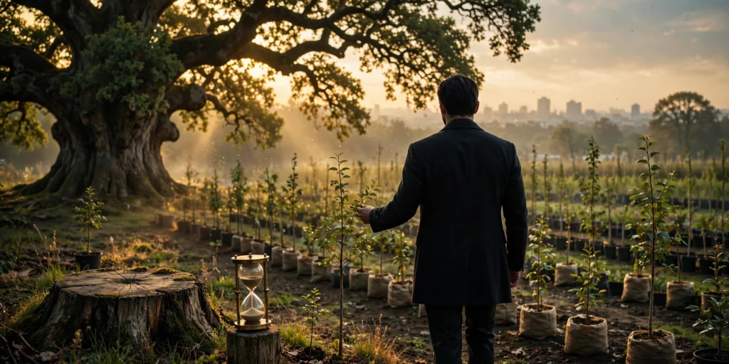 The entrepreneur walks among young saplings toward an ancient oak at golden hour, embodying patience and the long game of wealth building.