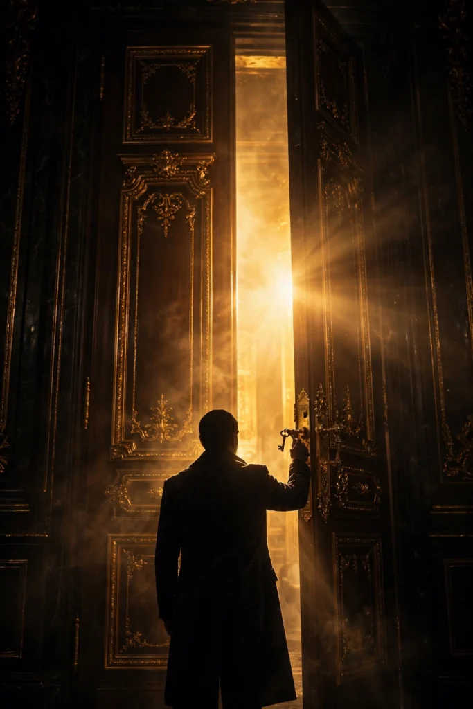 A silhouetted figure unlocking a tall door glowing with golden light, symbolizing taking ownership of your own future.