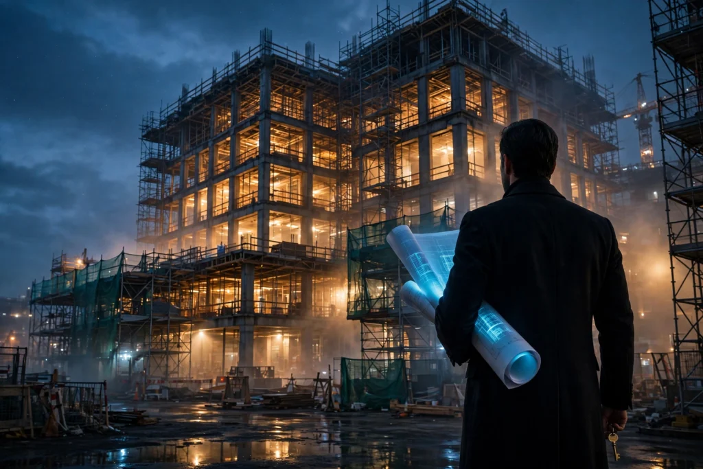 The entrepreneur stands before his own half-built headquarters at dusk, blueprints under his arm, embodying the shift from tenant to owner.