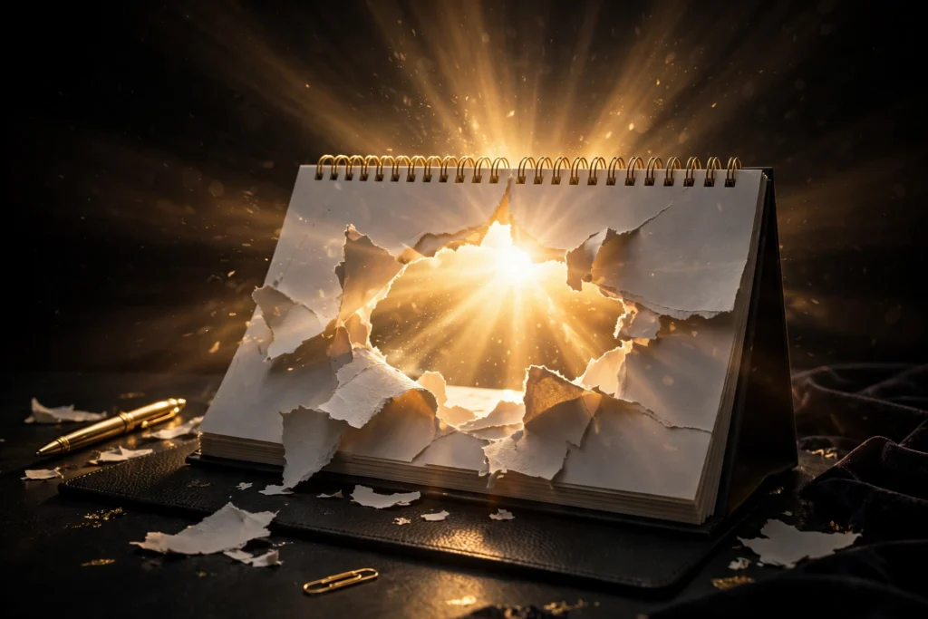 A torn calendar with golden sunrise light bursting through, symbolizing owning your time and calendar freedom.