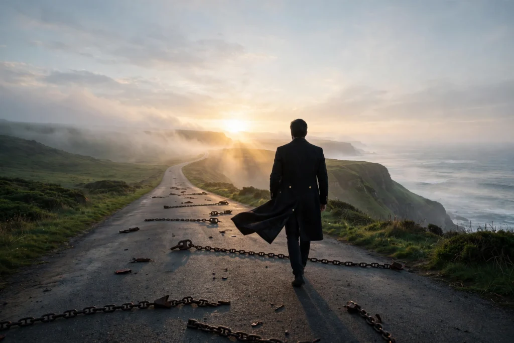 The entrepreneur walks freely down an open coastal road at sunrise with broken chains behind him, symbolizing money buying freedom.