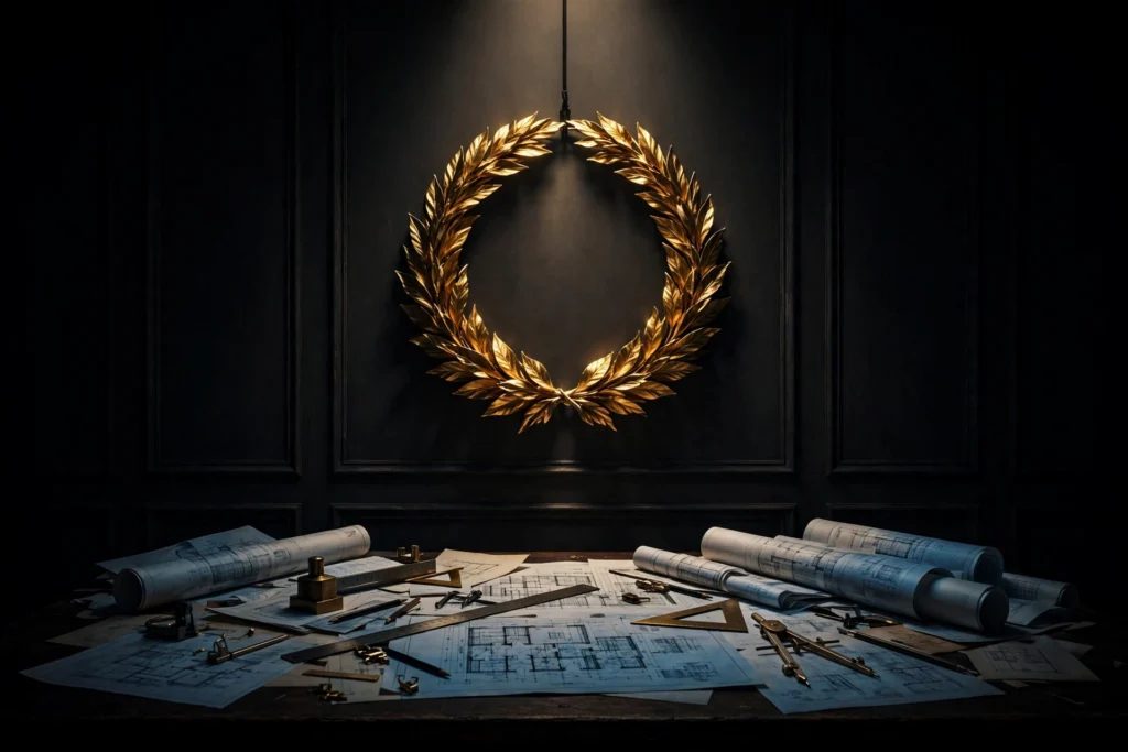 A golden laurel wreath hanging above a desk of blueprints in dramatic light, symbolizing the reward waiting at the end of patient work.