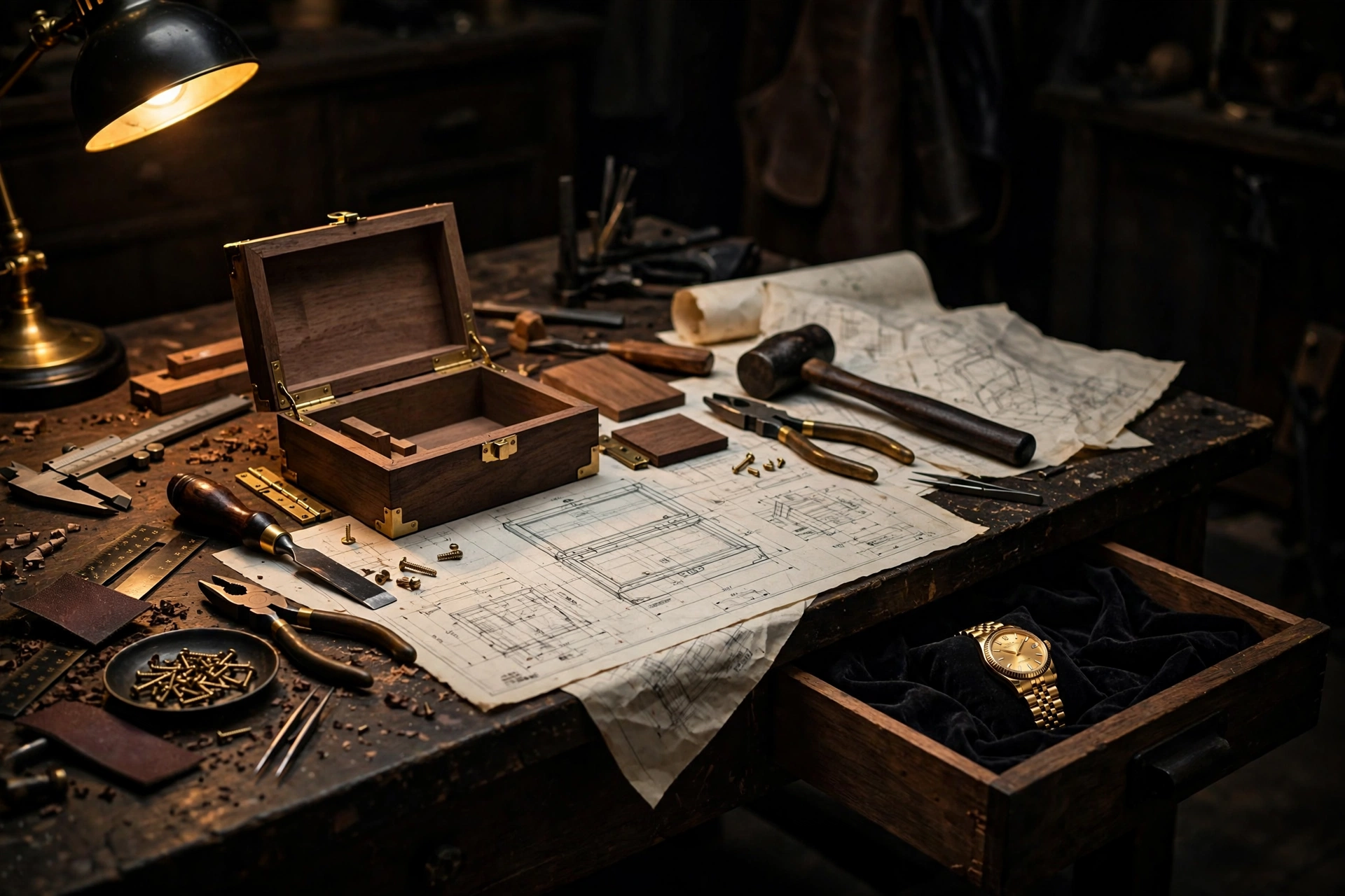A luxury watch resting in a drawer beside a craftsman's tools and blueprints, symbolizing luxury earned after wealth is built