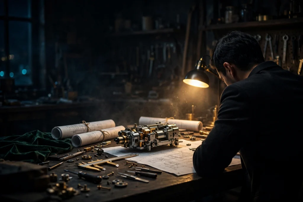 The entrepreneur leans over a workshop bench studying blueprints under lamplight, choosing the work before the reward.