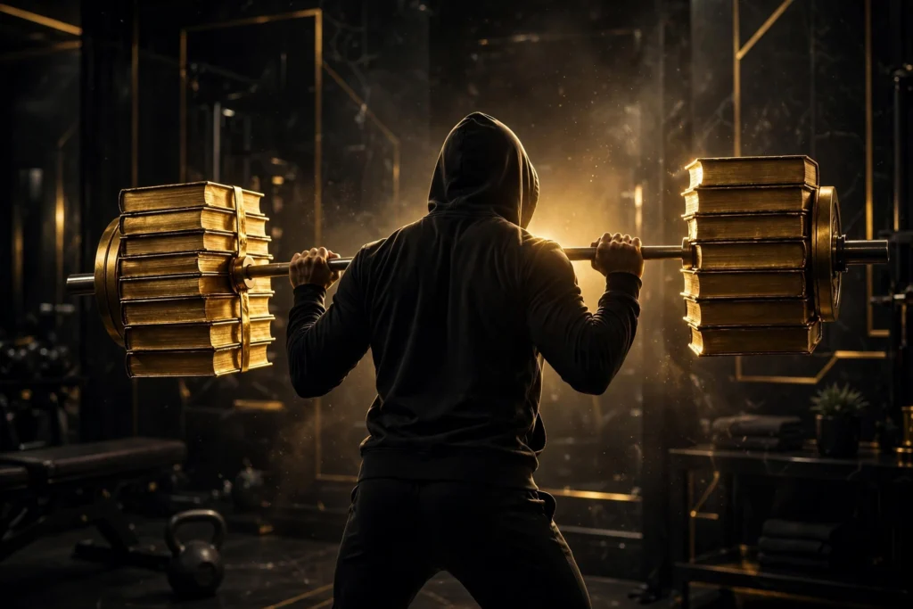 A silhouetted figure lifting a barbell made of golden books, symbolizing building strength through investing in your skills.