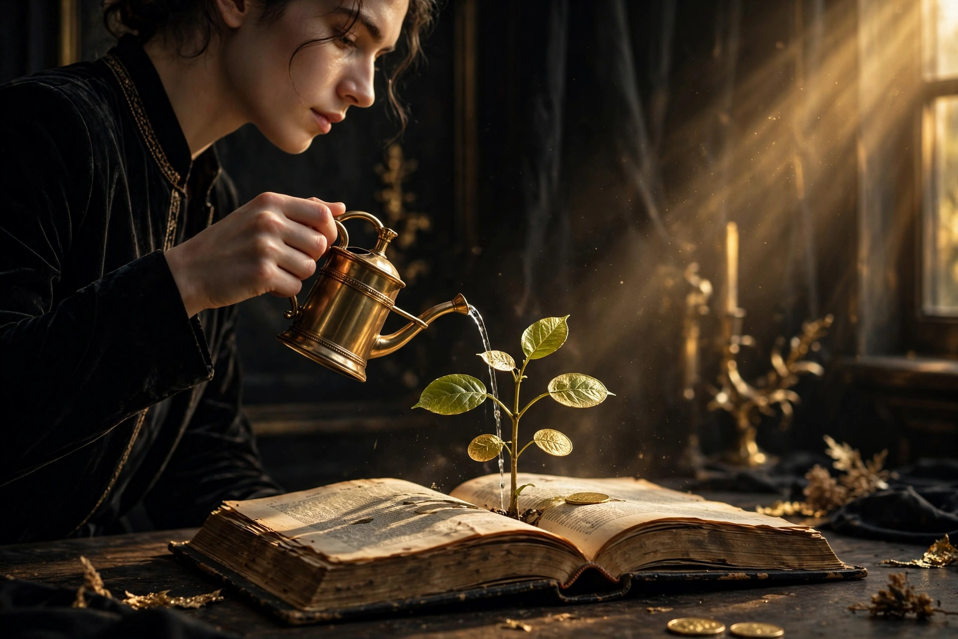 A person watering a plant growing from an open book, symbolizing investing in yourself as the best investment
