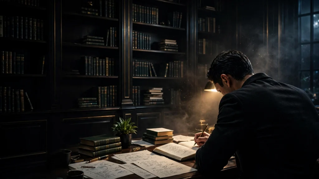 The entrepreneur studies intently at a grand library desk at night, investing in himself as his highest-ROI asset.