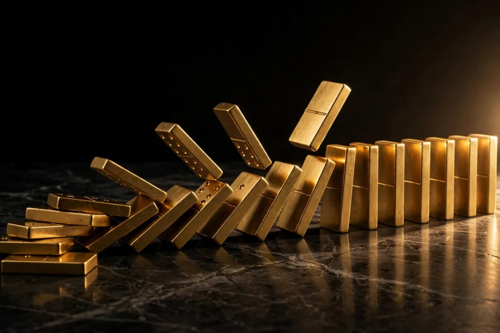 Golden dominoes falling in a perfect line across dark marble, symbolizing small daily habits compounding into momentum.