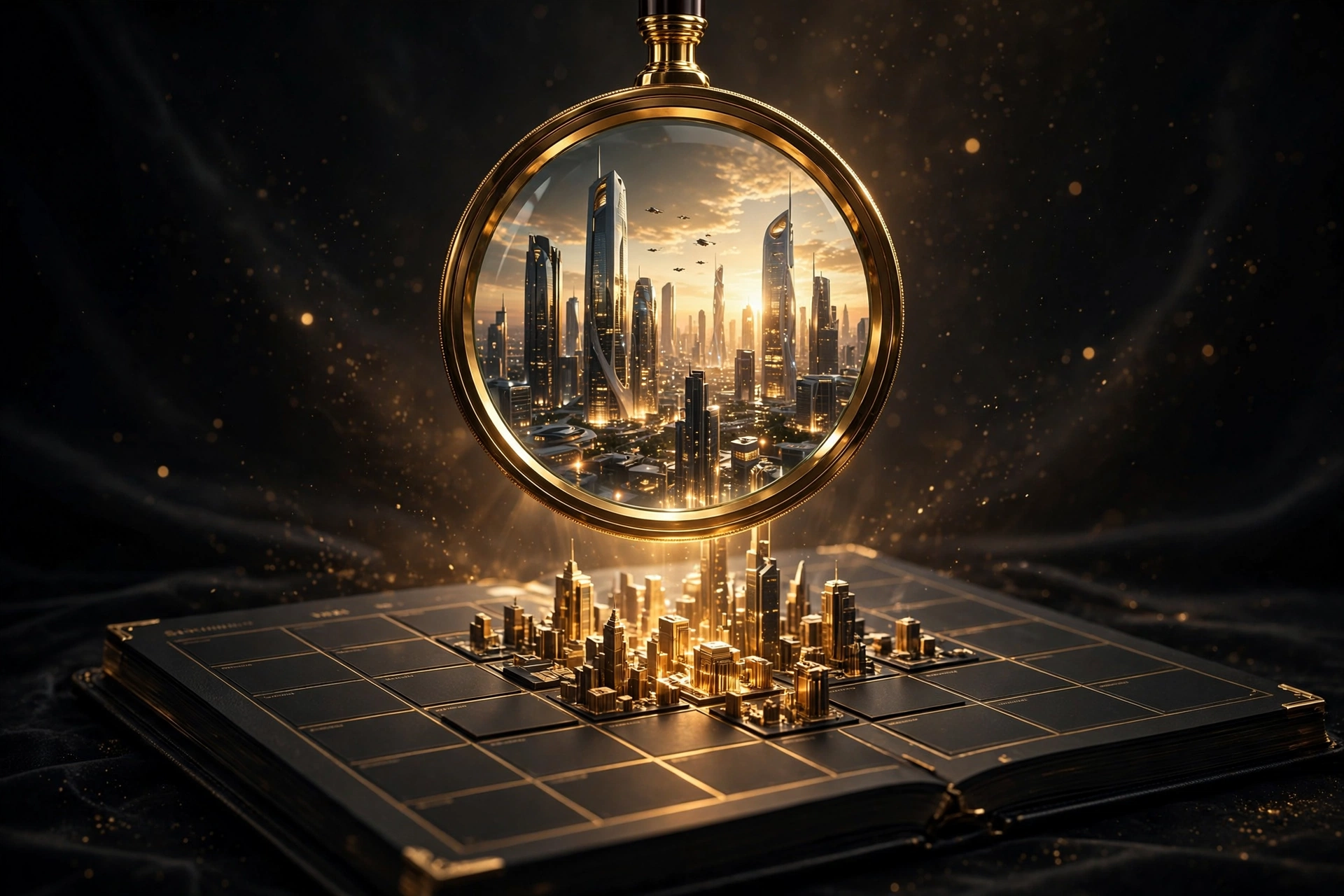 A magnifying glass over a daily calendar revealing a bright future city, symbolizing the daily routine future audit