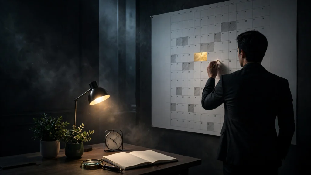The entrepreneur audits his wall calendar with a gold pen at 5am, confronting what his daily routine really builds.