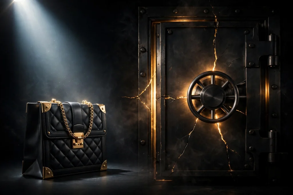 A spotlighted luxury shopping bag beside a dark vault door with golden light seeping through, symbolizing status spending versus building real wealth.