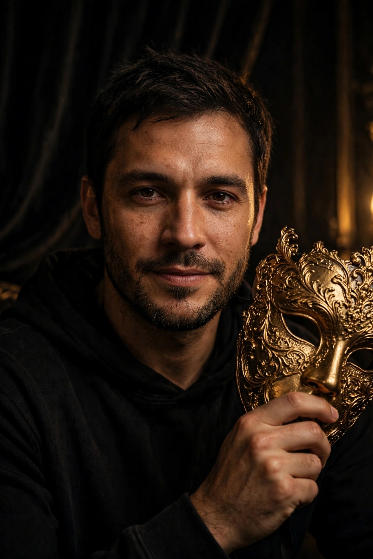 A person removing an expensive golden mask to reveal a calm confident face, symbolizing choosing real wealth over appearances
