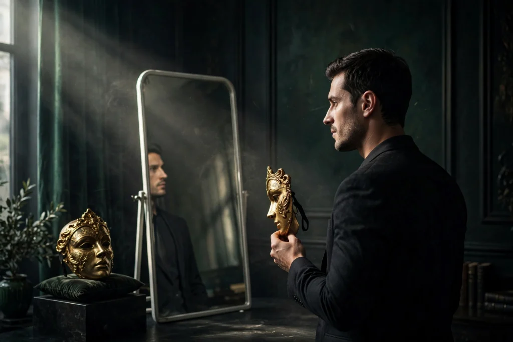 The entrepreneur removes an ornate golden mask in dramatic light, choosing authentic wealth over performed appearances.