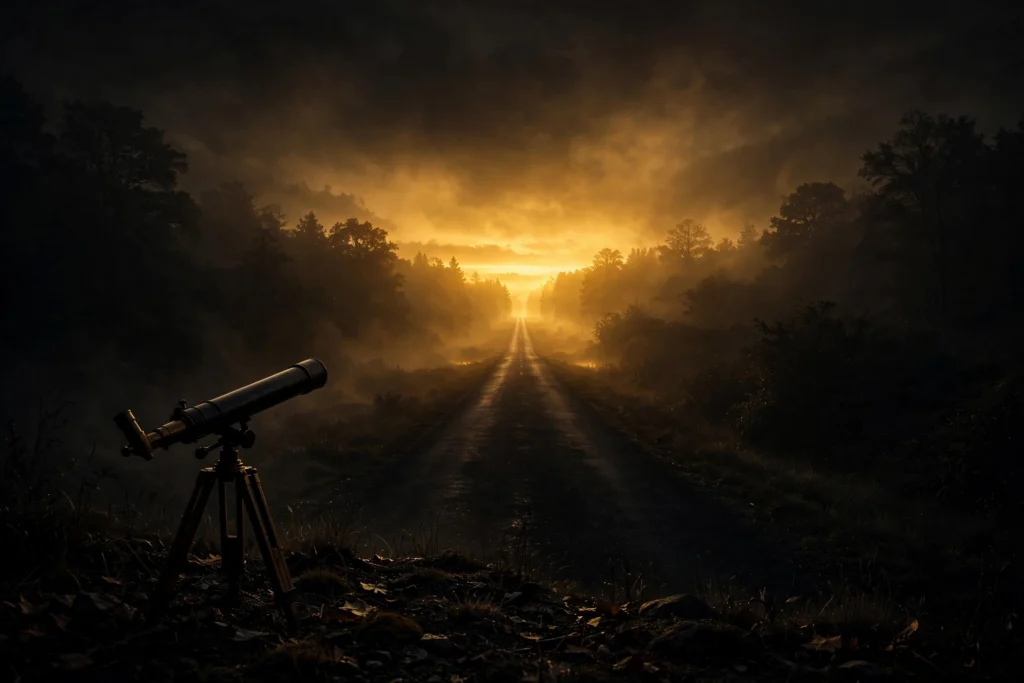 A long road vanishing into a golden horizon with a lone telescope silhouetted in the foreground, symbolizing the ten-year decision lens.