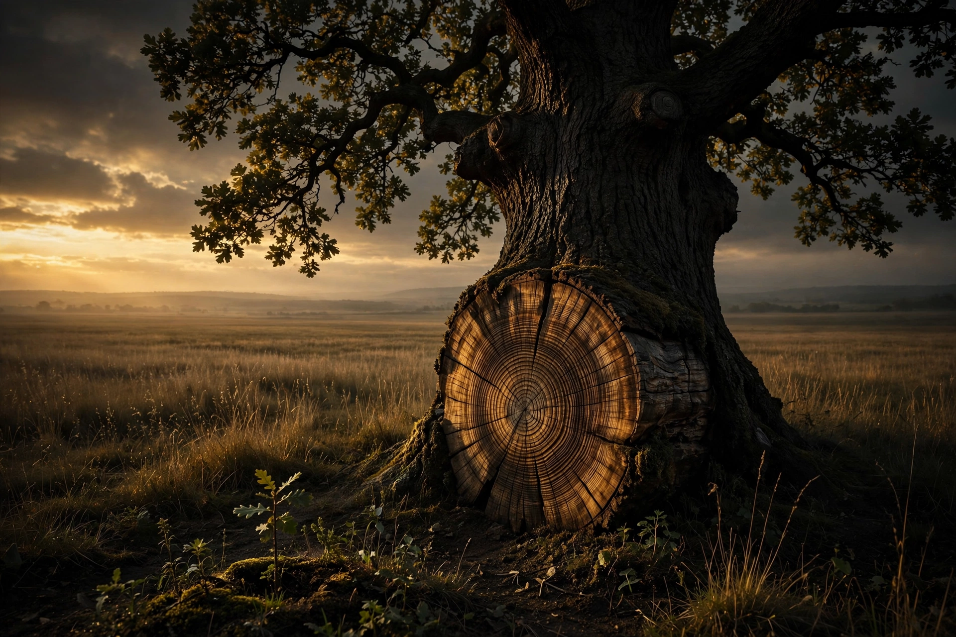 A mighty oak tree with visible growth rings at golden hour, symbolizing wealth built when you think in decades