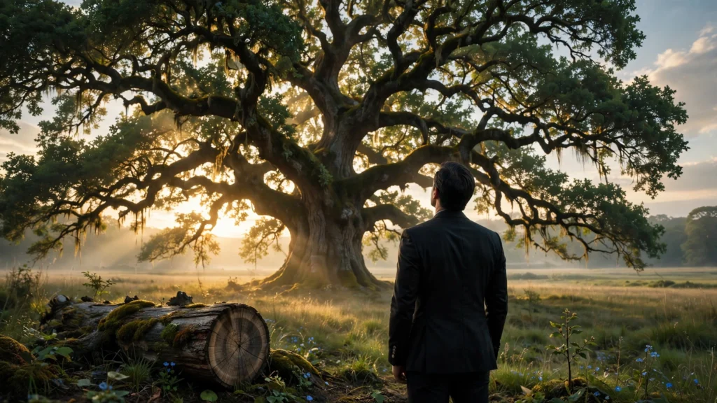 The entrepreneur stands small beneath a massive ancient oak at golden hour, embodying decade-scale thinking.