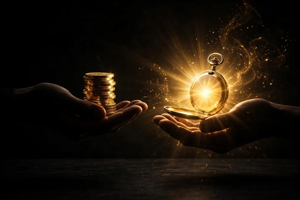A hand trading a stack of gold coins for a glowing golden pocket watch, symbolizing exchanging replaceable dollars for irreplaceable hours.