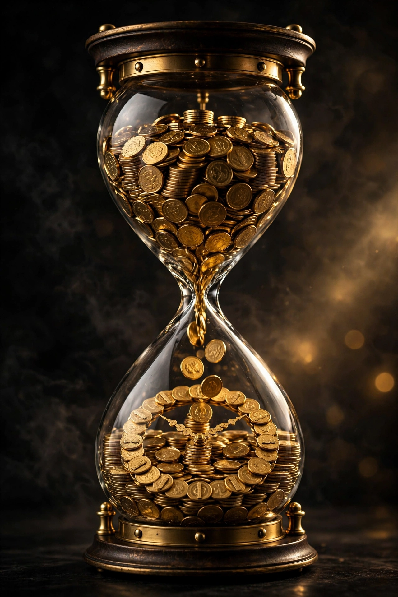 Gold coins flowing through an hourglass turning into time, symbolizing how the rich buy time with money