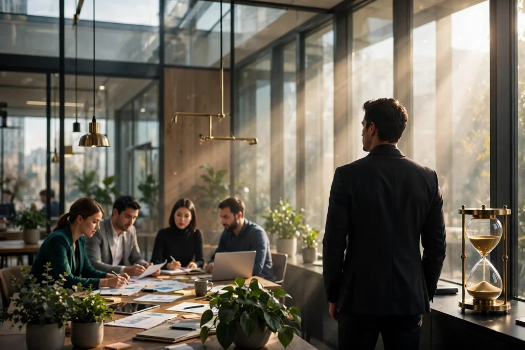 The entrepreneur stands free by a glass wall while his team collaborates behind him, having bought back his time through leverage.