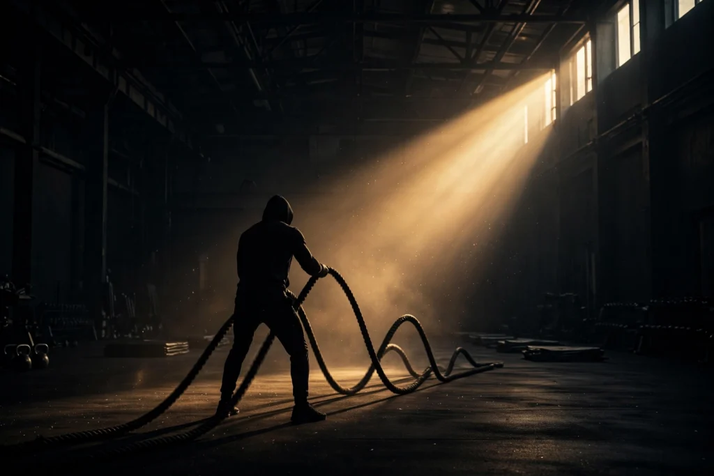 A lone silhouetted figure training with battle ropes in a dark empty gym at dawn, symbolizing the unseen grind nobody applauds.