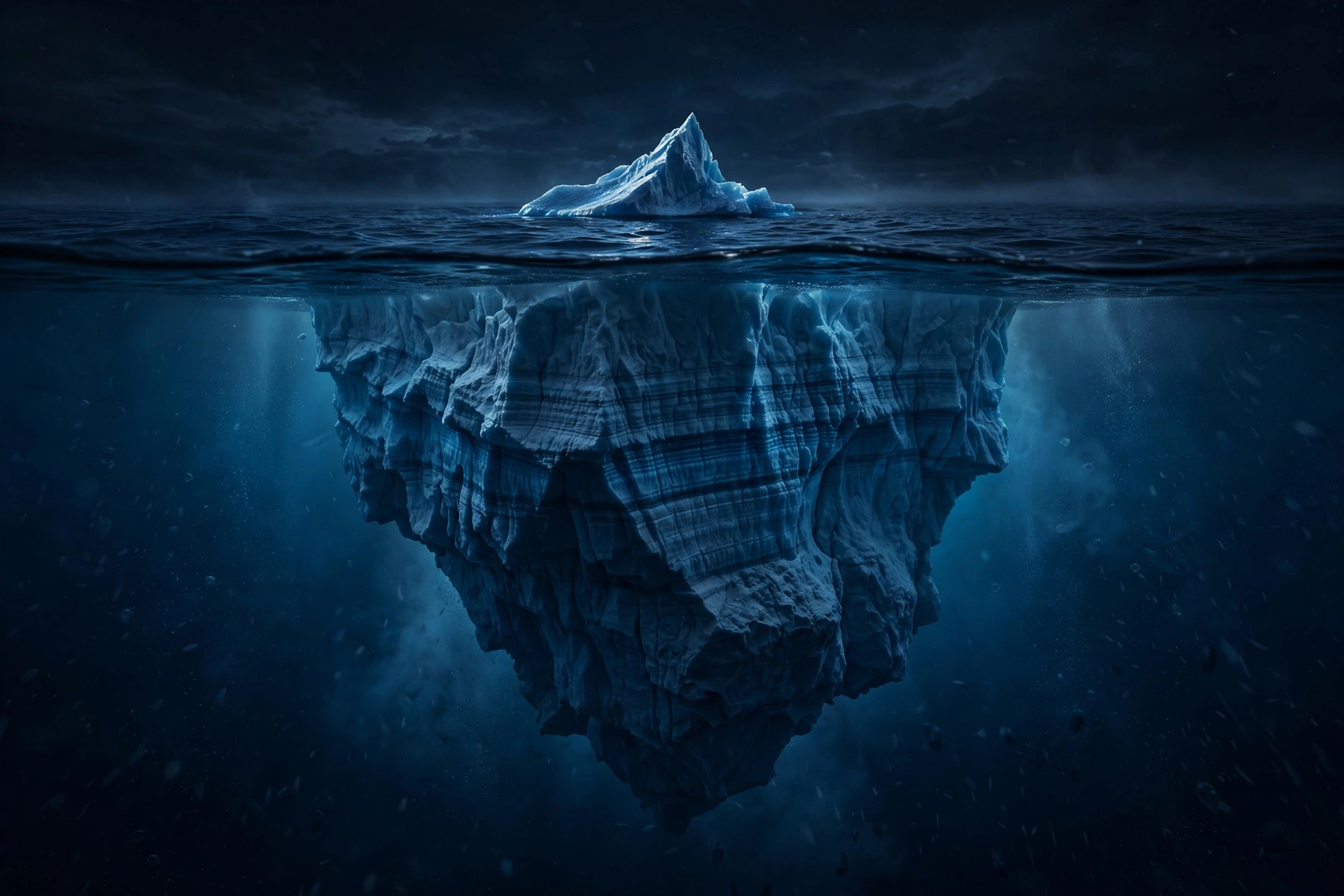 An iceberg showing a small tip of success above water and massive hidden work below, symbolizing the invisible grind