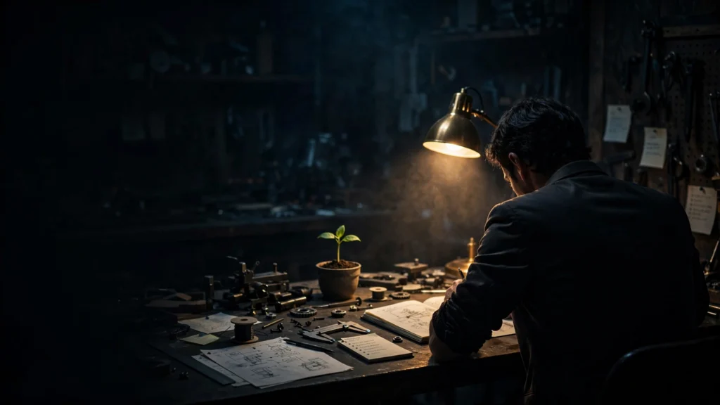 The entrepreneur works alone at a bench under a single lamp at 2am, embodying the invisible grind behind success.