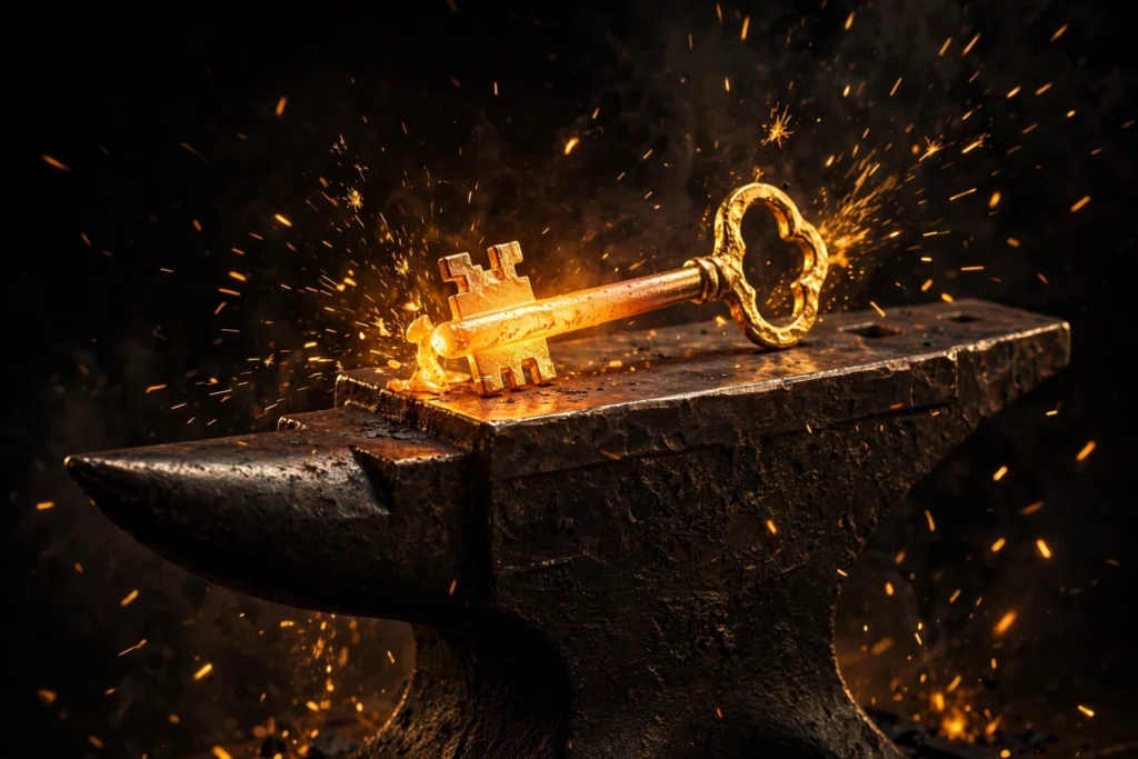 A half-forged golden key glowing on a blacksmith's anvil with sparks flying, symbolizing forging yourself into someone valuable.