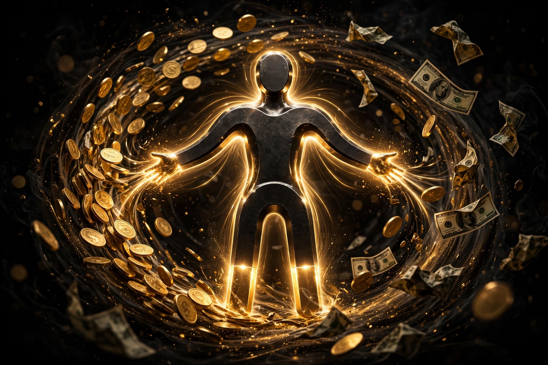 A glowing figure acting as a magnet attracting streams of gold coins, symbolizing how wealth follows value