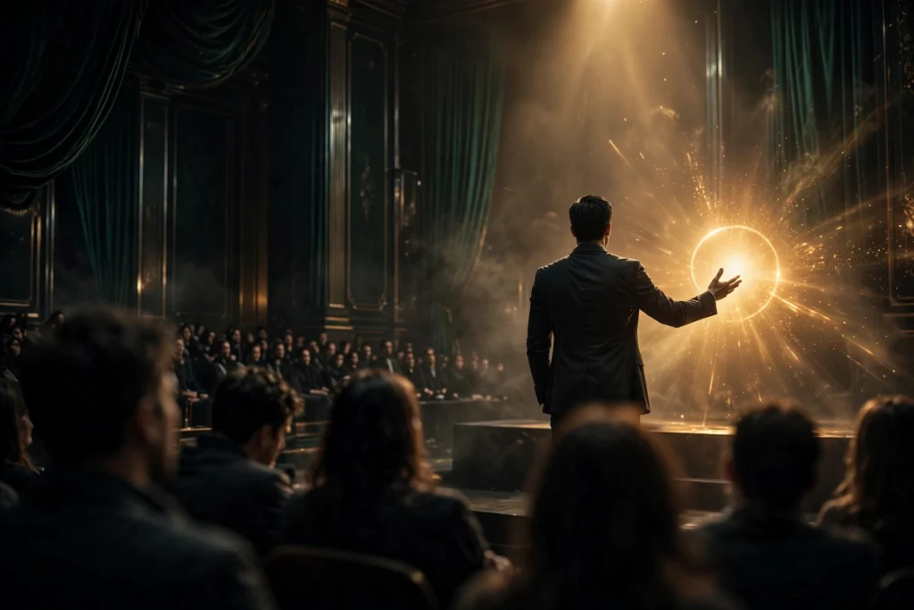 The entrepreneur speaks on a dark stage under a warm spotlight as the audience leans in, wealth following the value he creates.