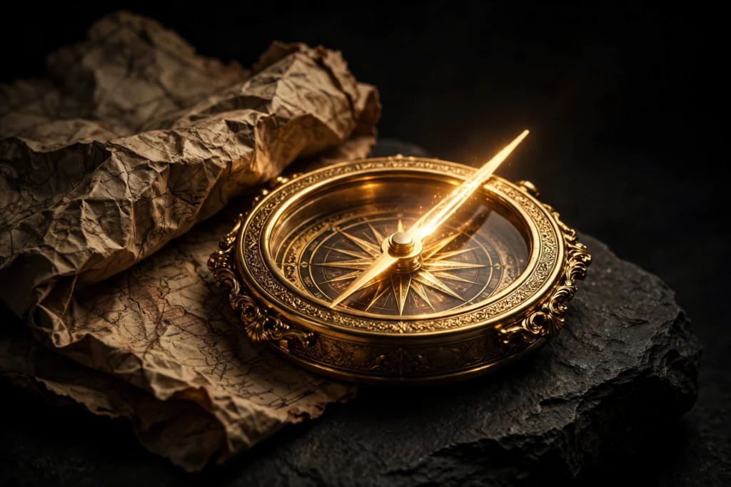 A golden compass on dark stone beside a worn travel map with its needle pointing forward, symbolizing recommitting for the second half of the journey.