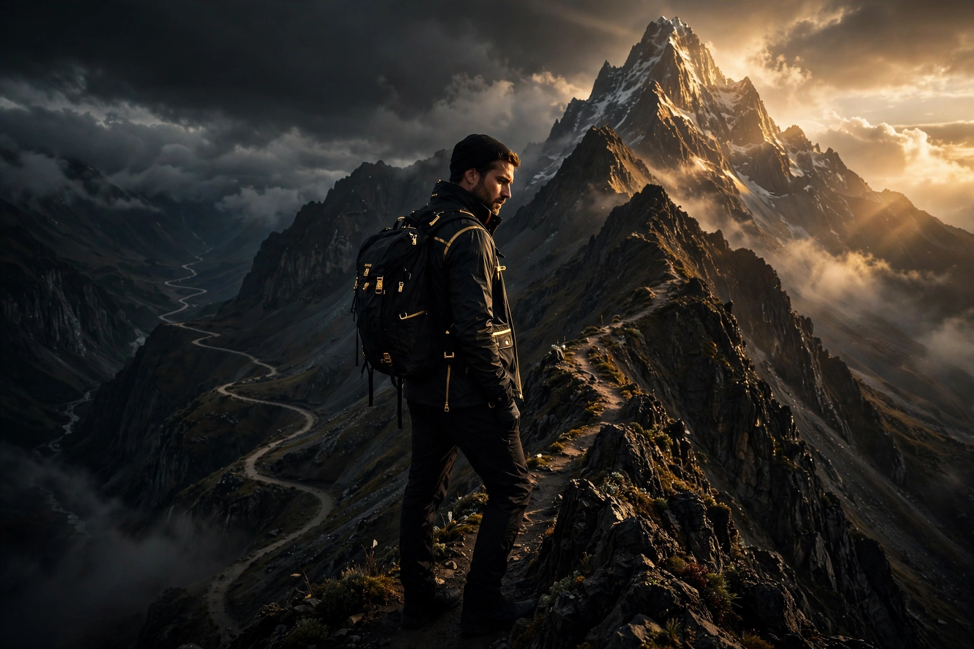 A climber halfway up a mountain looking back at the path traveled and forward at the peak ahead, symbolizing the 50-day transformation checkpoint