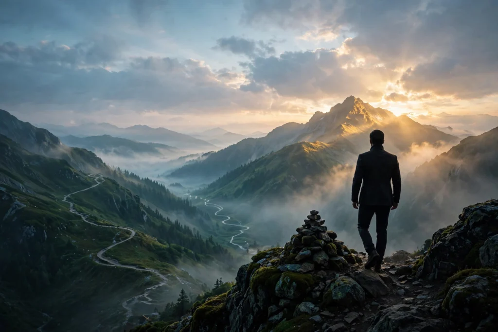 The entrepreneur stands on a mountain ridge at dawn between the winding trail behind and a higher summit ahead, marking the 50-day checkpoint.