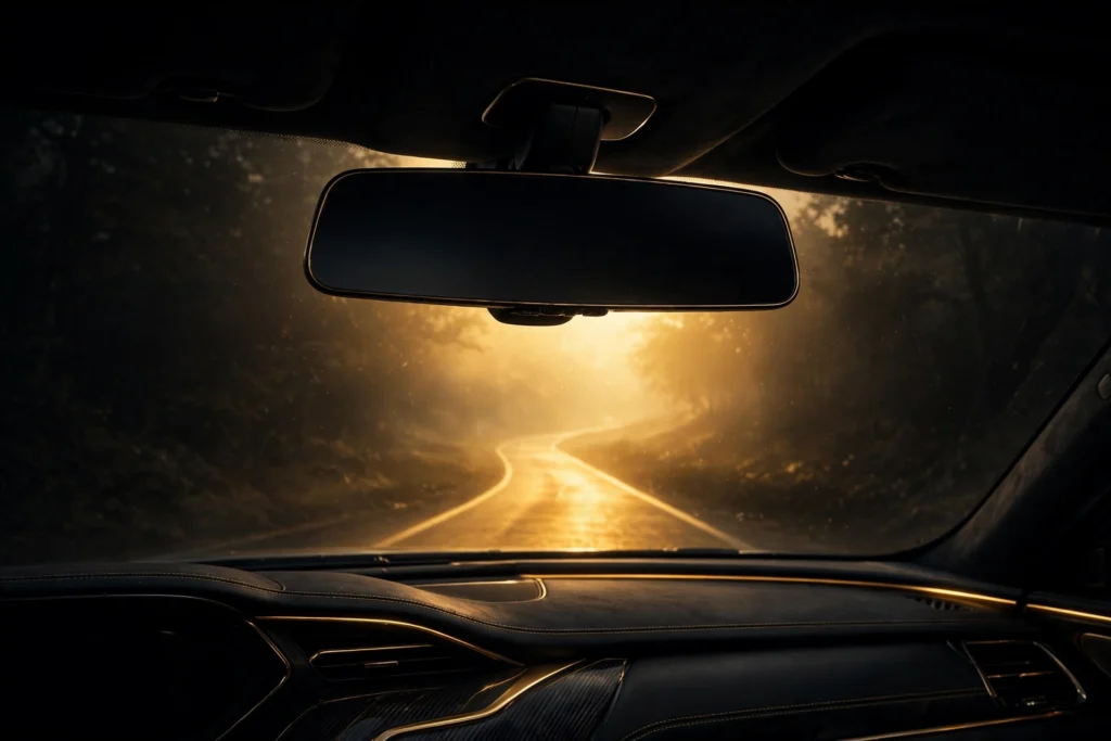A rearview mirror fading into darkness with a bright golden road ahead through the windshield, symbolizing leaving the past behind and focusing on what's next.