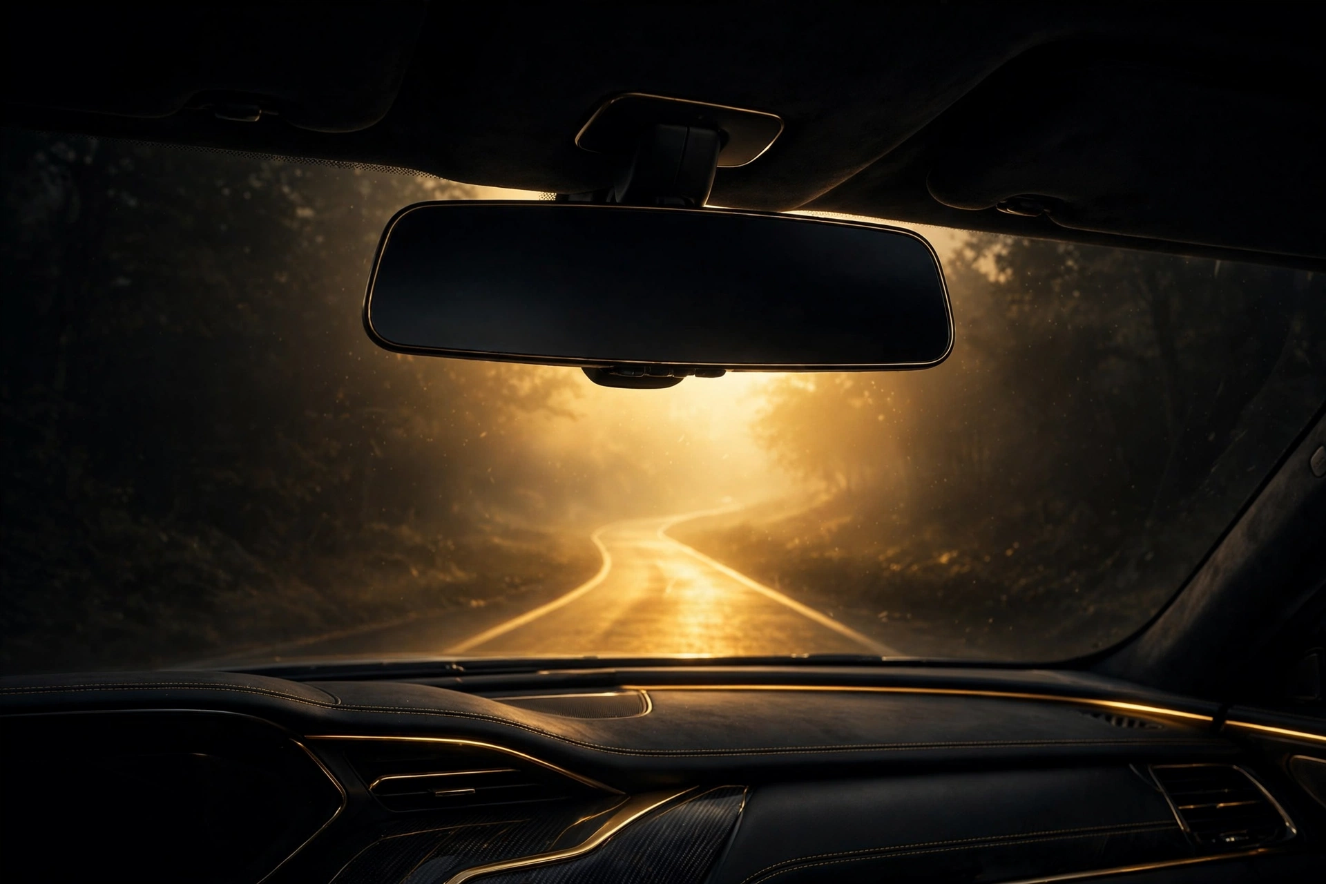 A rearview mirror fading into darkness with a bright golden road ahead through the windshield, symbolizing leaving the past behind and focusing on what's next.