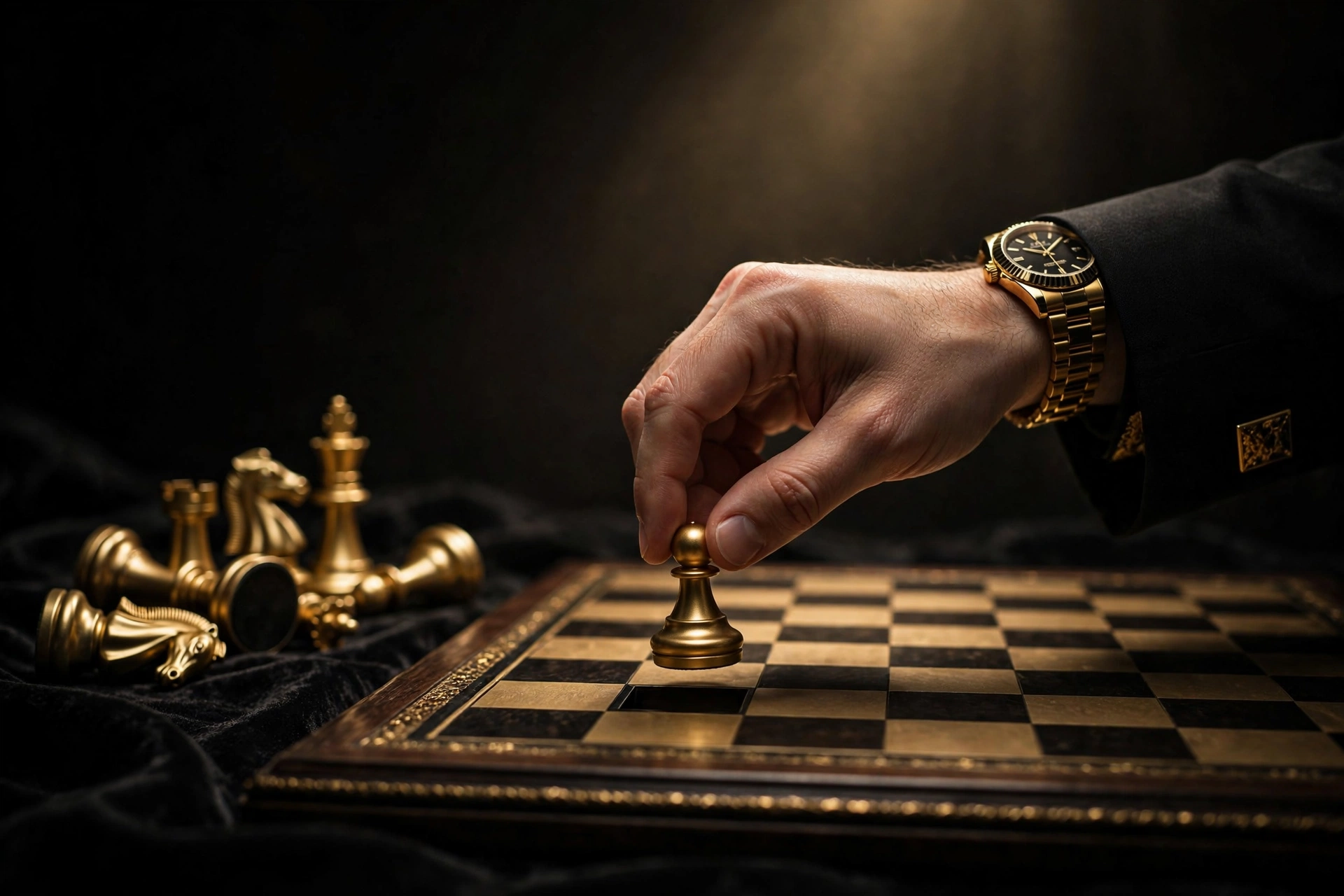 A chess player's hand moving a piece forward while captured pieces lie forgotten, symbolizing focus on the next move