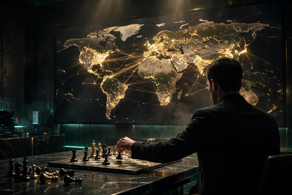 The entrepreneur advances a chess piece in a dark global strategy room before a glowing world map, playing only the next move.