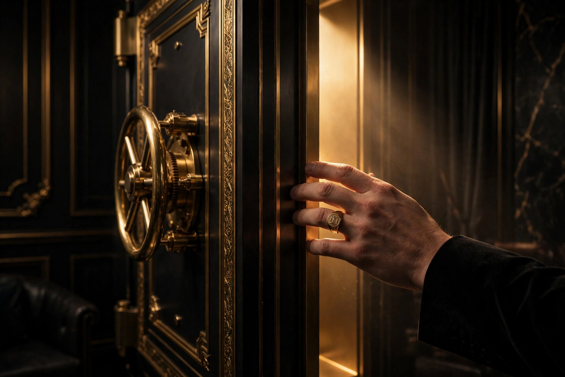 A hand closing a vault door with golden light seeping through, symbolizing wealth protected by silence