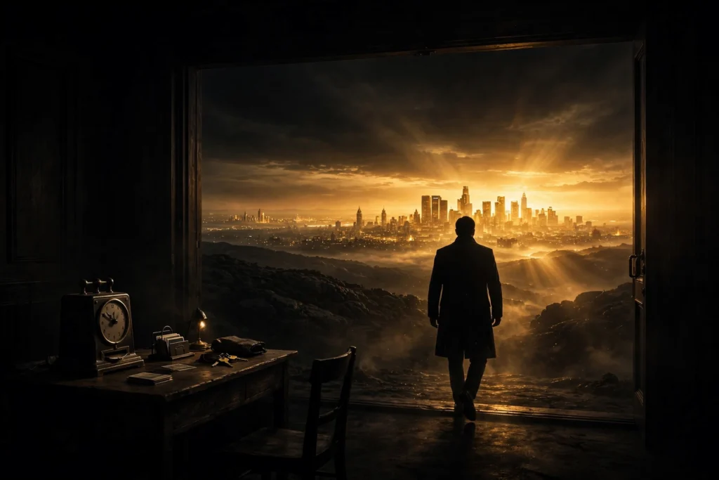 A silhouette walking away from a dim desk with a time clock toward a glowing golden city skyline on the horizon, symbolizing leaving the paycheck behind to build an empire.