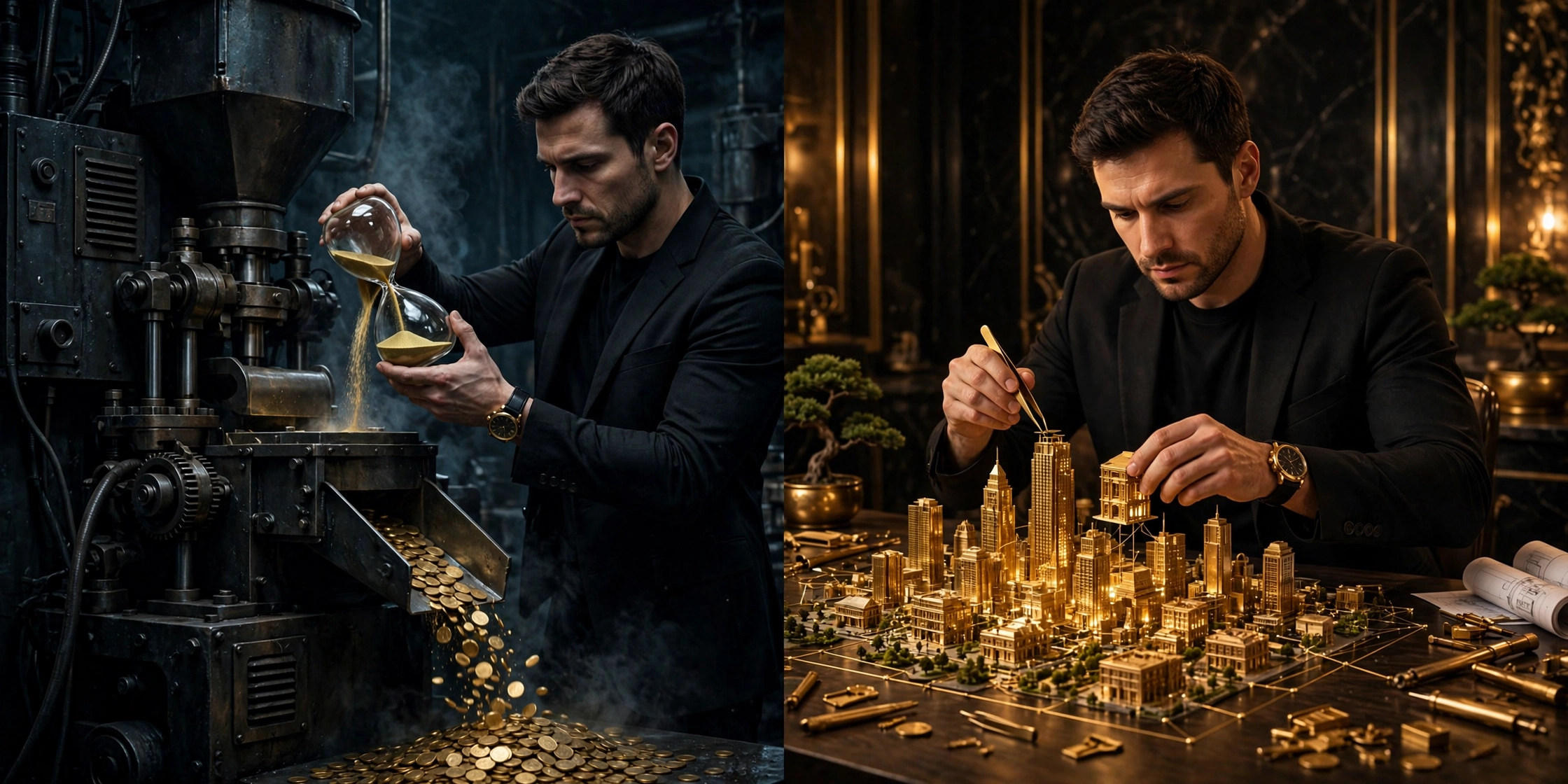 Build an empire: a split image contrasting trading hours for small coins versus building a growing city of assets