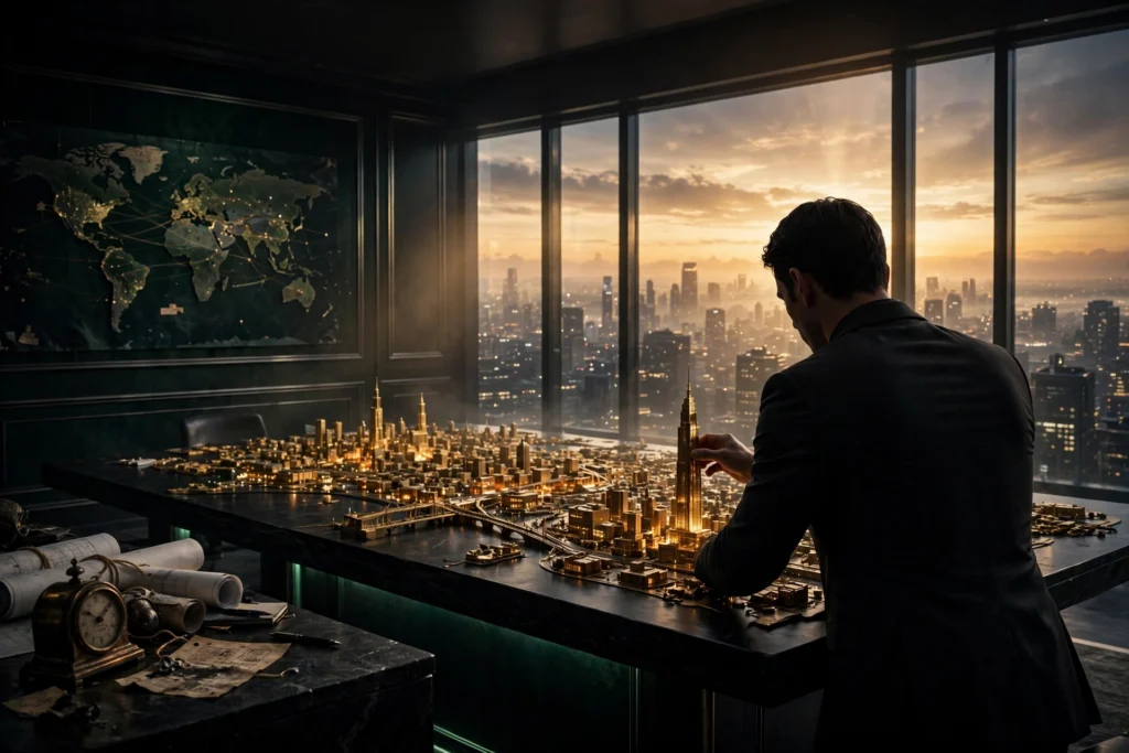 The entrepreneur placing a glowing golden tower into a miniature golden city model on a dark table in a penthouse strategy room, symbolizing building an empire of assets.