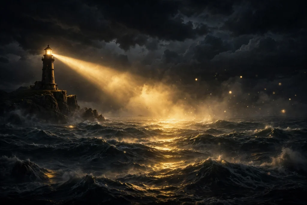 A golden lighthouse beam cutting through a dark stormy sea of floating glowing orbs, symbolizing focused attention piercing through distraction.