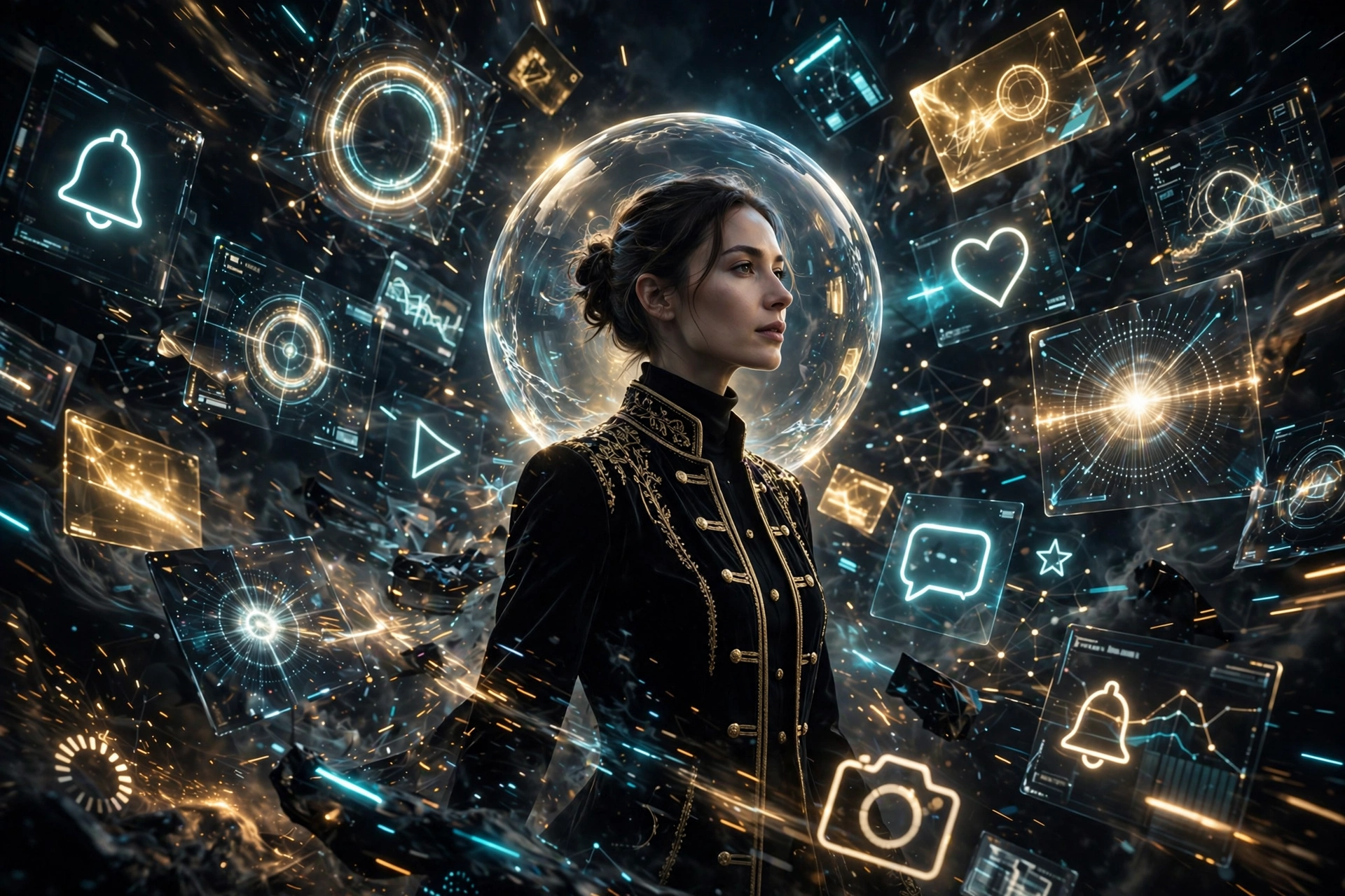 A person holding a calm bubble of clear space around their head amid a storm of glowing screens, symbolizing the choice to control your attention