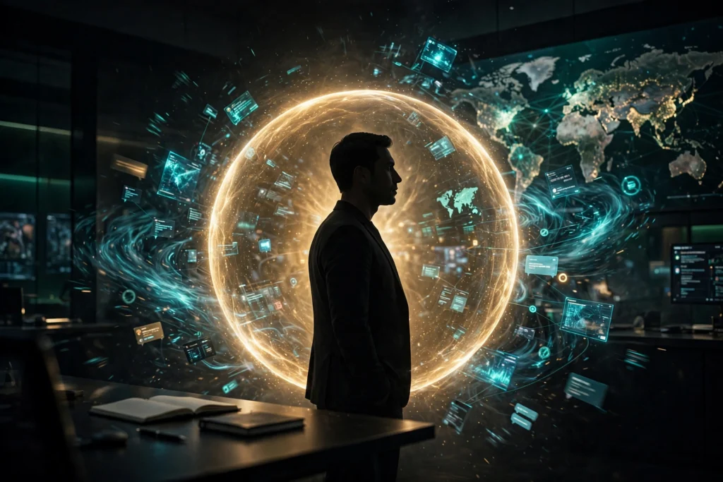 The entrepreneur standing calm inside a sphere of golden light while a storm of glowing screens and notifications swirls around him in a dark office, symbolizing guarded attention.