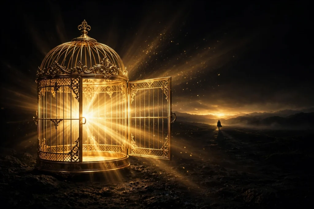 An open golden birdcage with its door swung wide and golden light streaming into darkness, symbolizing the comfort zone cage with the door open.