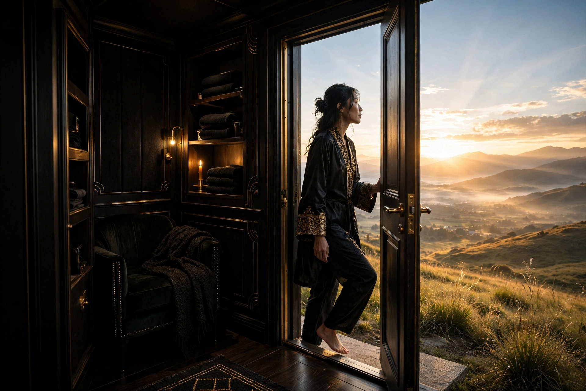 A person walking out of a small comfortable room into a vast bright landscape at sunrise, symbolizing that comfort is the enemy of growth