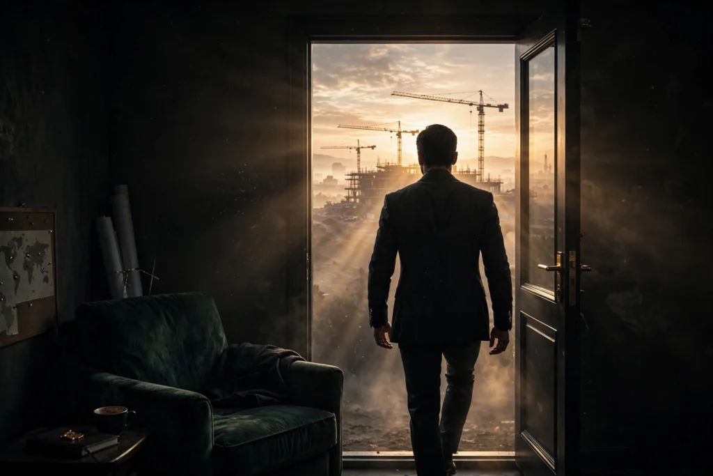The entrepreneur stepping from a small dim room through an open doorway into a dawn landscape where a new headquarters is under construction, symbolizing choosing growth over comfort.
